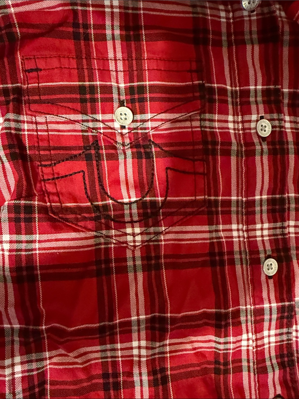 True Religion Womens Red Plaid Flannel Shirt with Bold White Logo - Picture 4 of 6